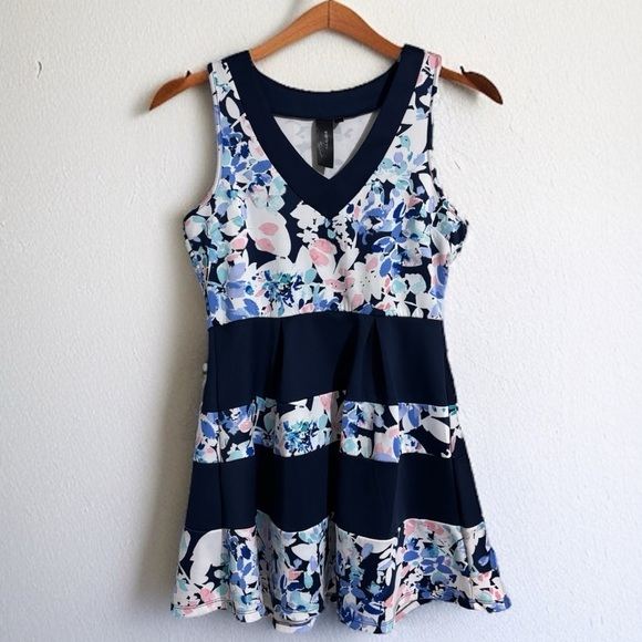 Trixxi Sleeveless V-Neck Summer Mini Dress | Navy Teal Pink | Women’s Large Flar - Picture 2 of 4